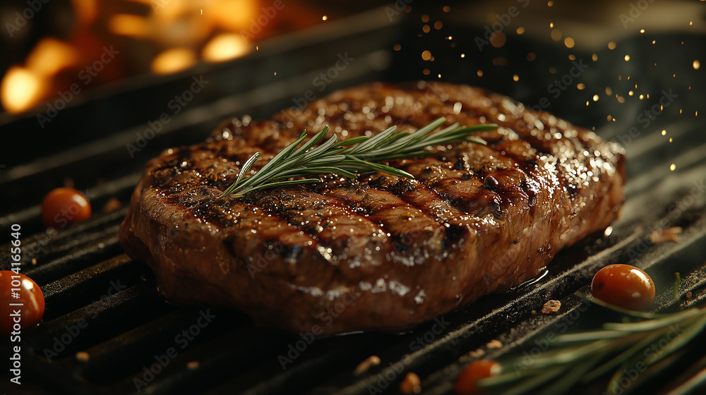 A piece of meat is cooking on a grill, with the flames A piece of meat is cooking on a grill, with the flames