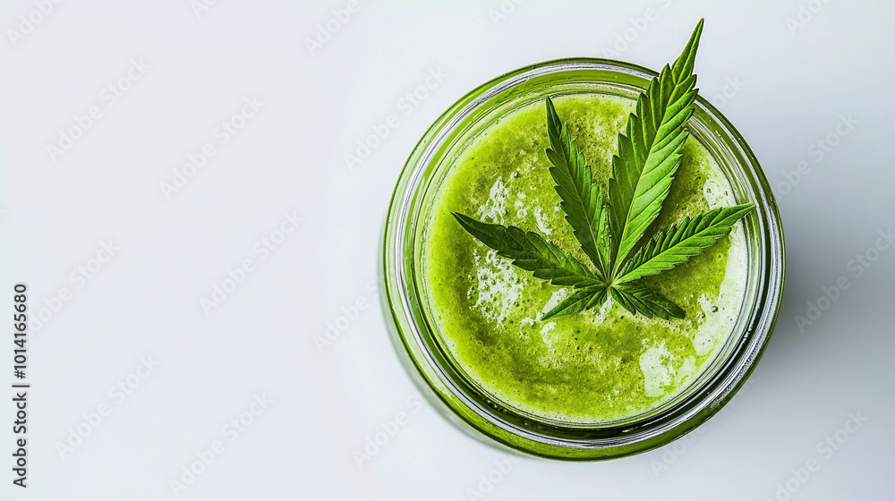 Top view of bhang glass with sativa leaf isolated on white background Top view of bhang glass with sativa leaf isolated on white background
