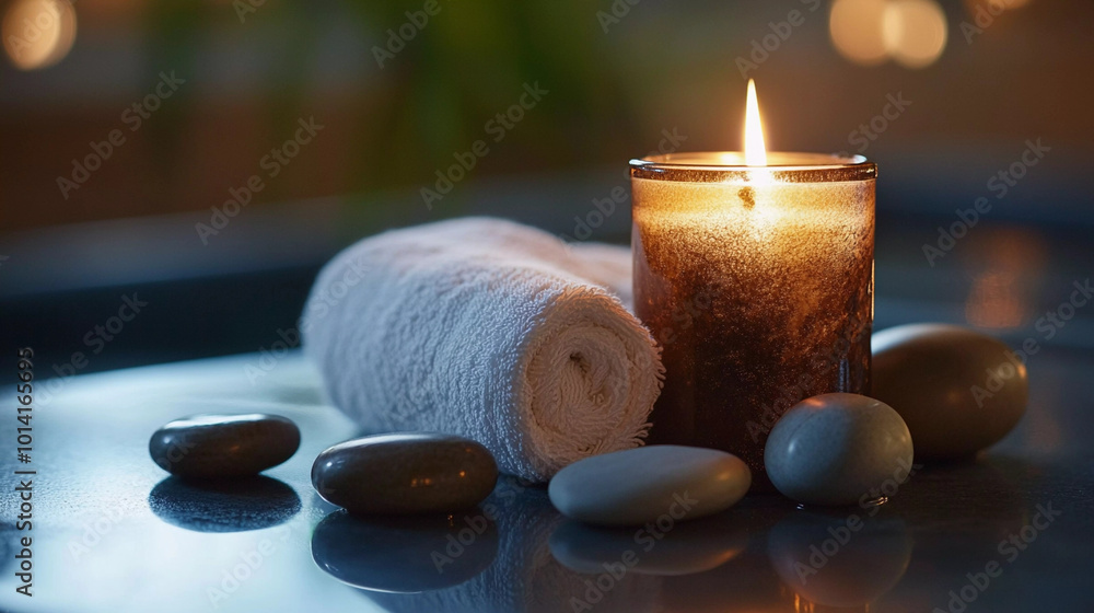 Spa still life candles with stones and towel Spa still life candles with stones and towel