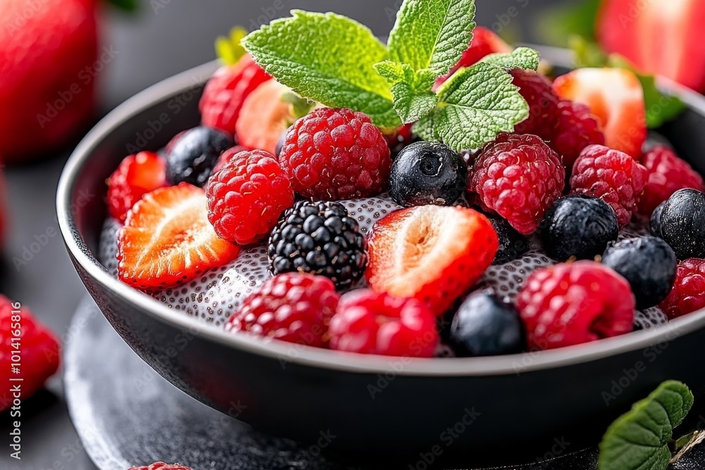 Realistic depiction of a bowl of chia pudding topped with fresh berries, a nutrient-dense, weight loss-friendly snack or breakfast Realistic depiction of a bowl of chia pudding topped with fresh berries, a nutrient-dense, weight loss-friendly snack or breakfast