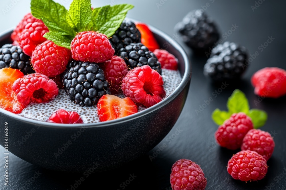 Realistic depiction of a bowl of chia pudding topped with fresh berries, a nutrient-dense, weight loss-friendly snack or breakfast Realistic depiction of a bowl of chia pudding topped with fresh berries, a nutrient-dense, weight loss-friendly snack or breakfast