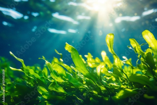 Marine biotechnologists using algae to produce biofuels, focusing on sustainable energy solutions derived from ocean resources. photo