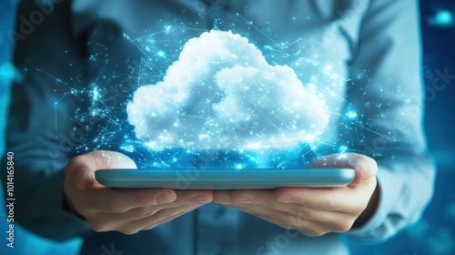 Obraz na płótnie Woman holding tablet with glowing cloud computing network icon. w salonie