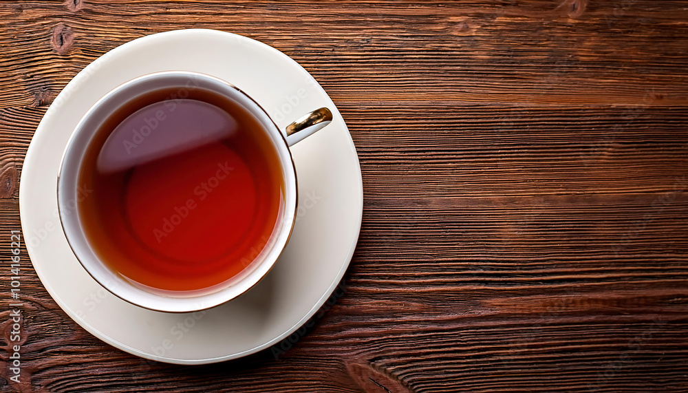 Obraz premium Cup of tea on wooden table. Top view with copy space