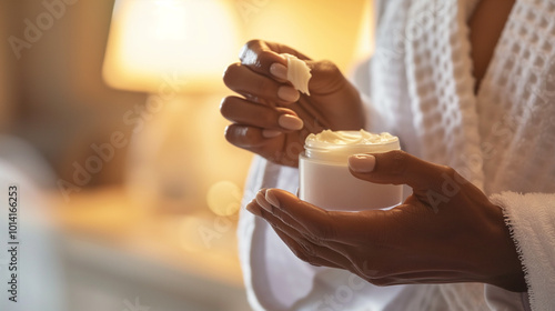 Woman applying cream on hands in soft morning light