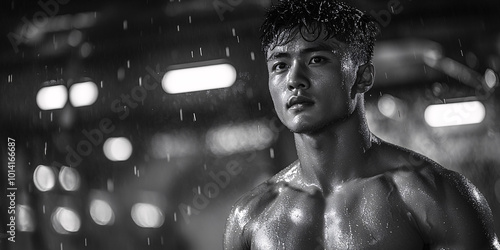 black and white portrait of muscular man under rain in gym setting