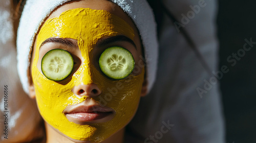 Turmeric face pack with cucumber slice on face 