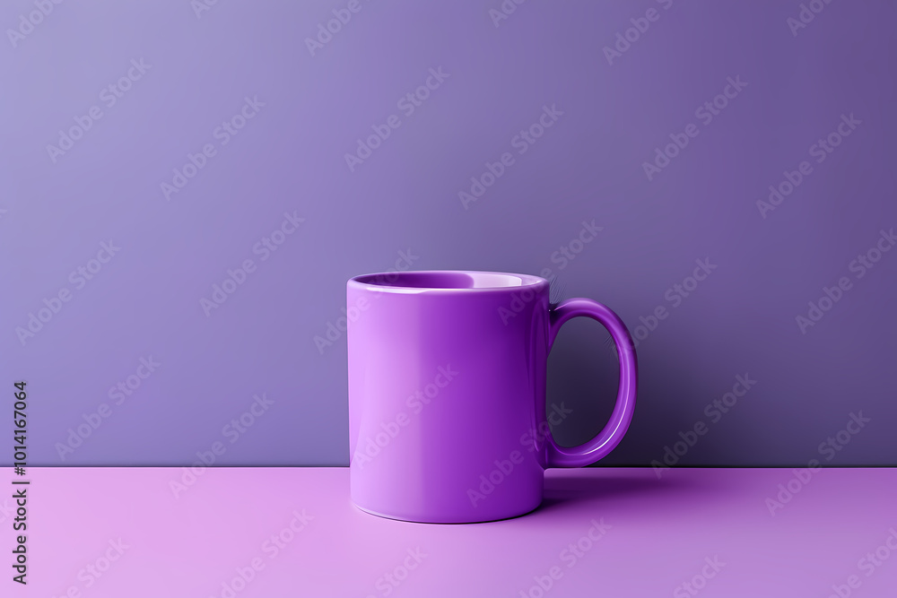A vibrant purple ceramic mug placed against a softly contrasting purple background, creating a harmonious and minimalist aesthetic. A vibrant purple ceramic mug placed against a softly contrasting purple background, creating a harmonious and minimalist aesthetic.