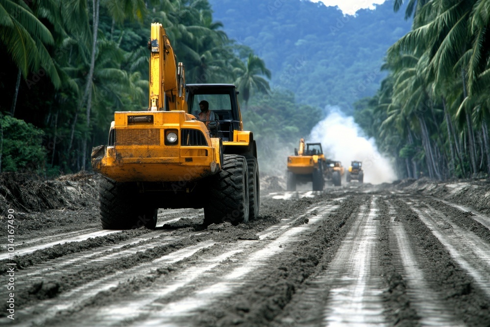 Tropical forest being clear-cut with heavy machinery, showing deforestation’s role in global warming, with smoke and bare earth left behind Tropical forest being clear-cut with heavy machinery, showing deforestation’s role in global warming, with smoke and bare earth left behind