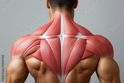 Skeletal muscles of the human upper back, showing the rhomboids, infraspinatus, and surrounding muscles in action photo