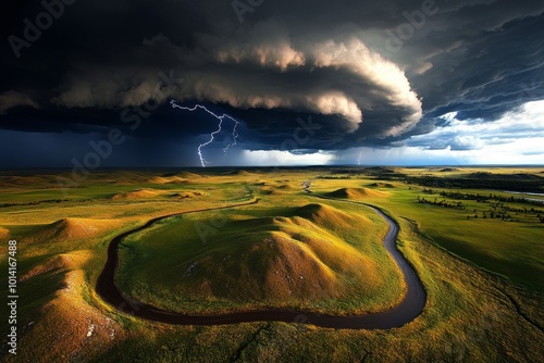 Thunderstorm over a savannah landscape, with lightning striking in the distance, dark clouds, and rain sweeping across the grassland photo