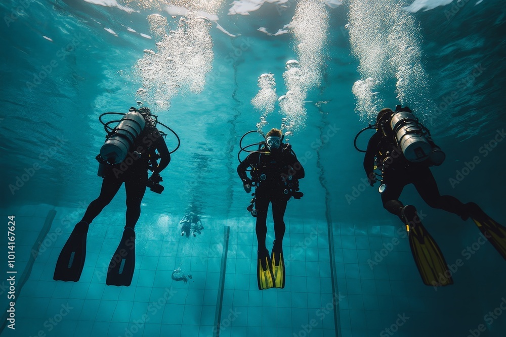 Professional divers training in a pool, mastering buoyancy control and underwater communication for advanced diving missions. Professional divers training in a pool, mastering buoyancy control and underwater communication for advanced diving missions.
