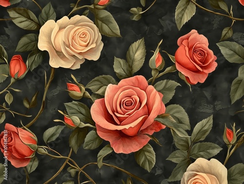 A floral pattern of roses and vines is painted on a white background
