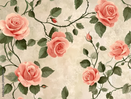 A floral pattern of roses and vines is painted on a white background