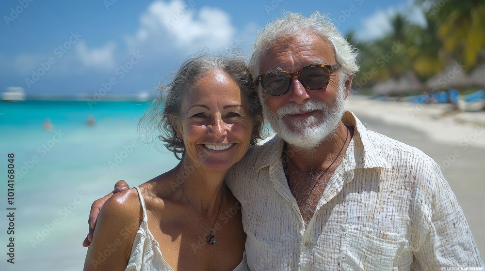Fototapeta premium Smiling romantic senior couple in sunglasses at beach