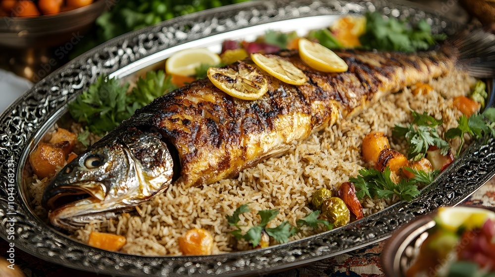 A whole grilled fish with lemon slices on top of rice and vegetables served on a silver platter. A whole grilled fish with lemon slices on top of rice and vegetables served on a silver platter.