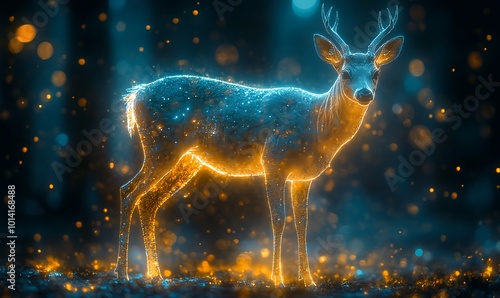 A deer in a virtual world composed of holograms but resembling the real thing, combining traditional Eastern art with the aesthetics of virtual reality photo