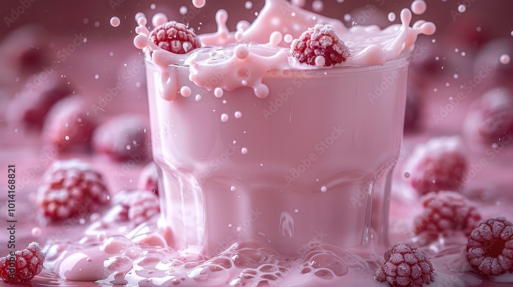 Pink Raspberry Milkshake Splash, Refreshing Summer Berry Drink with Frozen Raspberries Pink Raspberry Milkshake Splash, Refreshing Summer Berry Drink with Frozen Raspberries