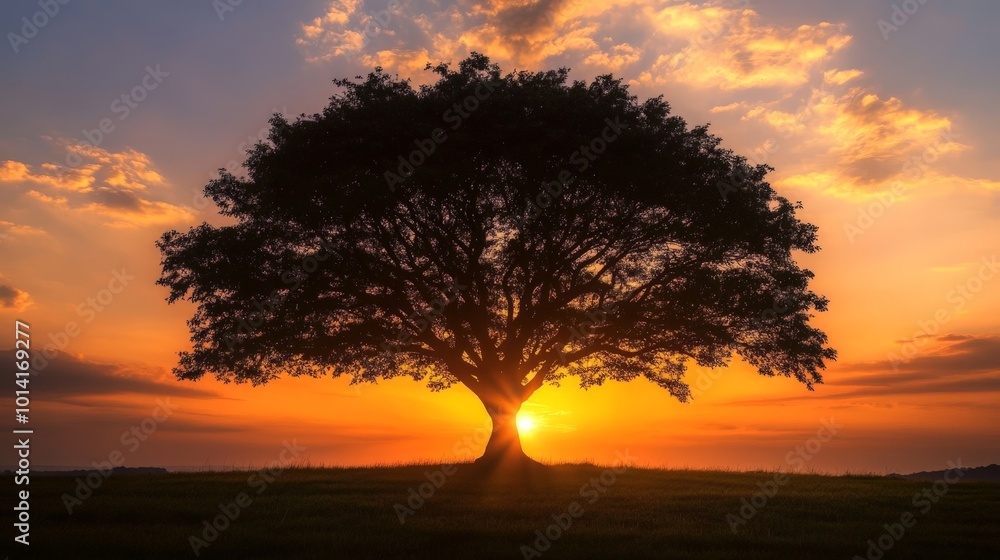 Fototapeta premium Silhouette of a tree at sunset with an inspirational quote, creating a peaceful, contemplative image.