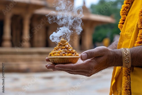 Close-up of a dhunuchi in a priestâ€™s hand during Durga Puja, with smoke swirling in the air as the ritual takes place photo