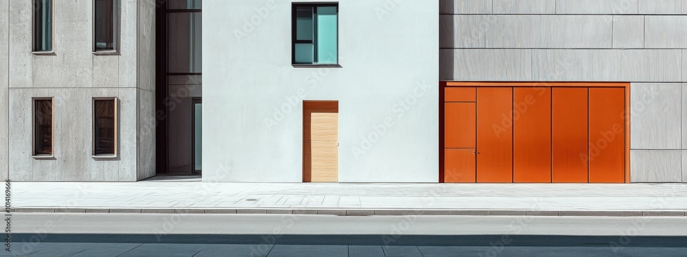 Quiet urban avenue, clean lines of modern buildings, minimalist design, clear blue sky, serene atmosphere, devoid of movement and noise Quiet urban avenue, clean lines of modern buildings, minimalist design, clear blue sky, serene atmosphere, devoid of movement and noise