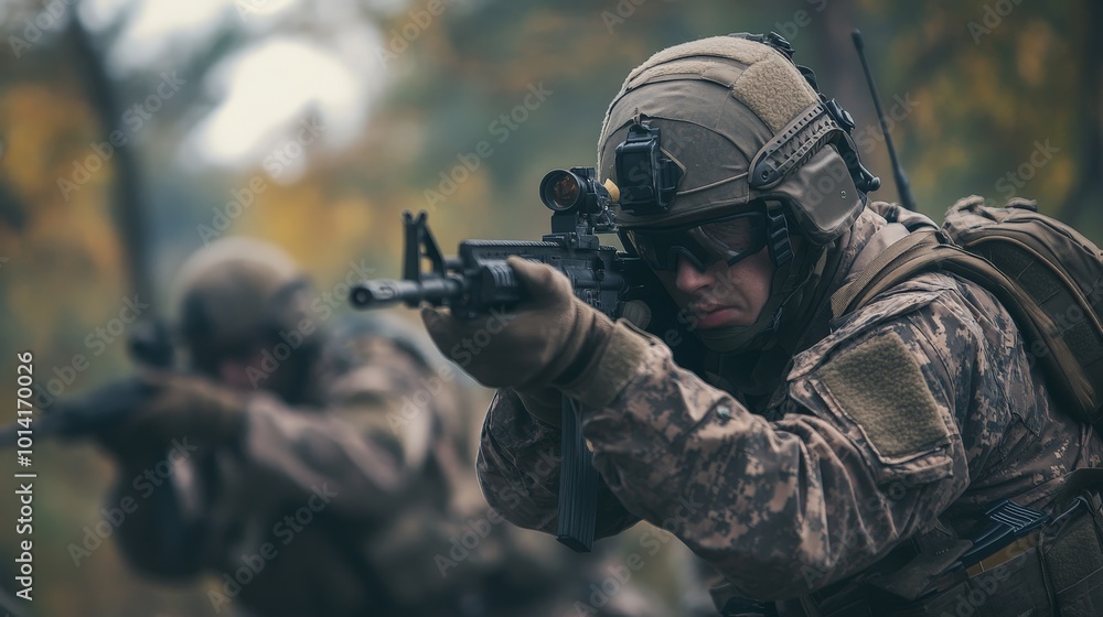 Fototapeta premium Soldiers engaged in military combat training, practicing urban warfare tactics and teamwork in a simulated battlefield environment.