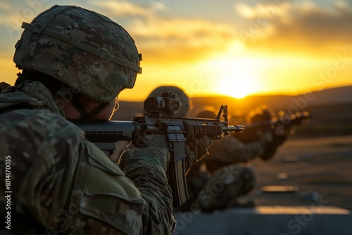 Soldiers in combat training, learning marksmanship, hand-to-hand combat, and tactical maneuvers to improve combat readiness. photo