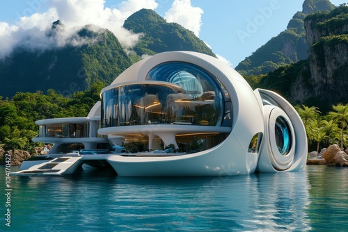 Futuristic depiction of a floating city designed to survive rising sea levels, with sustainable technology and futuristic architecture above the waterline photo