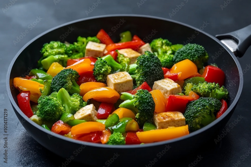 Hyper-realistic scene of a vegetable stir-fry cooking in a pan, with vibrant colors and textures of bell peppers, broccoli, and tofu, highlighting a healthy weight loss dish Hyper-realistic scene of a vegetable stir-fry cooking in a pan, with vibrant colors and textures of bell peppers, broccoli, and tofu, highlighting a healthy weight loss dish