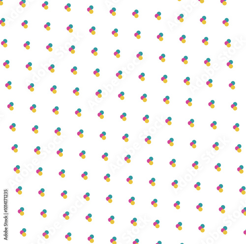 The simple background consists of colored dots in the form of piles of three things. Imitation of molecules or stuck together atoms.
