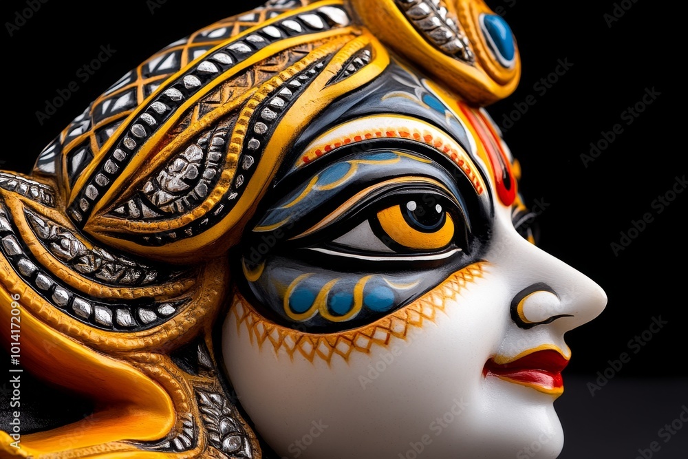 Realistic close-up of the Durga idol’s face, with intricate designs and vibrant colors capturing the divinity of the goddess Realistic close-up of the Durga idol’s face, with intricate designs and vibrant colors capturing the divinity of the goddess