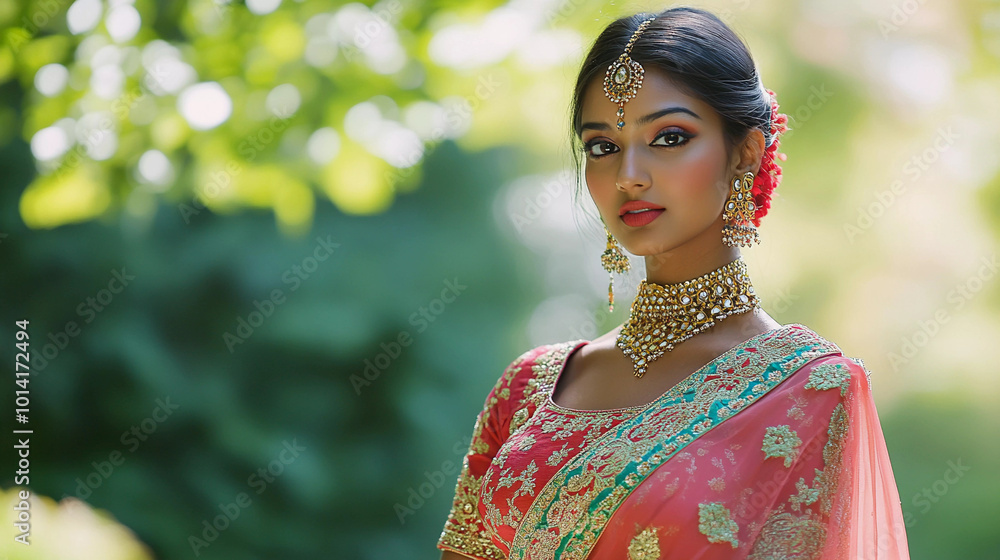 Portrait of indian bride wearing saree and jewellery Portrait of indian bride wearing saree and jewellery