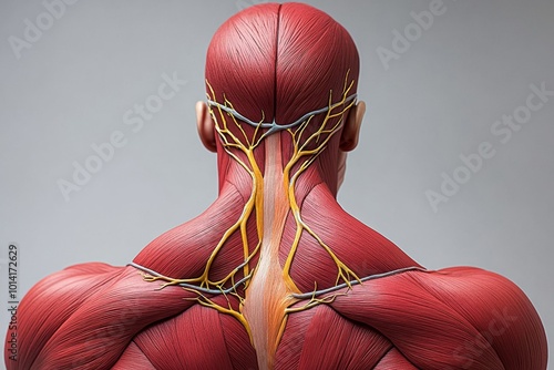 Realistic human back muscles, showing the intricate layers of the trapezius and latissimus dorsi in clear detail photo