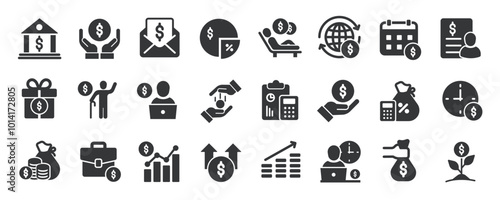 Income glyph solid icons collection. Containing passive income, commission, salary, dividend, payment. Minimal icon and symbol series vector illustration photo