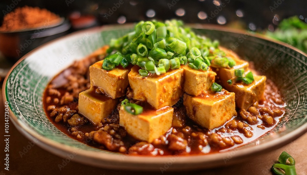 Tofu dish with meat and green onions Tofu dish with meat and green onions