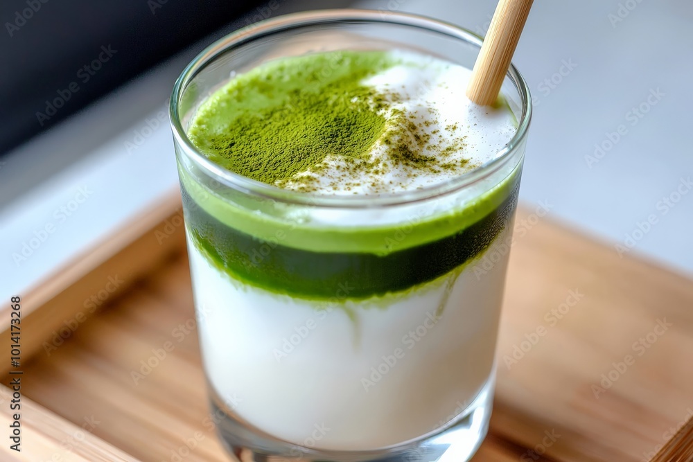 A glass of iced matcha latte with layers of milk and green matcha tea, served with a bamboo straw on a minimalist wooden tray A glass of iced matcha latte with layers of milk and green matcha tea, served with a bamboo straw on a minimalist wooden tray