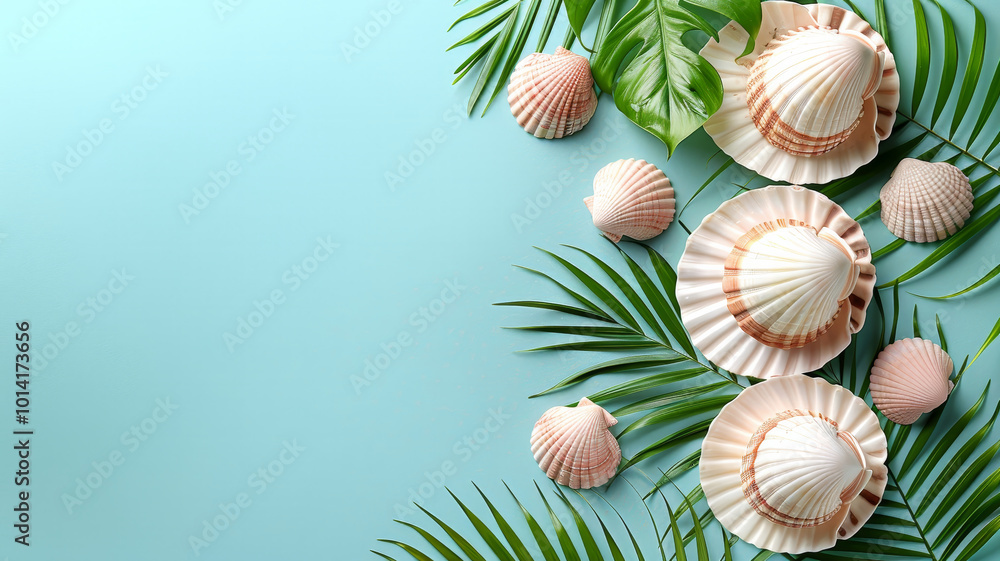 A beautiful arrangement of seashells lies gracefully among vibrant tropical leaves against a soft blue background, evoking a peaceful coastal vibe reminiscent of sunny beach days. Copy space A beautiful arrangement of seashells lies gracefully among vibrant tropical leaves against a soft blue background, evoking a peaceful coastal vibe reminiscent of sunny beach days. Copy space