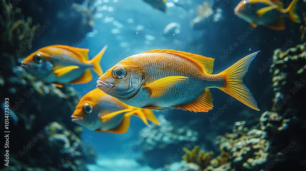 Fototapeta premium Underwater scene featuring vibrant orange fish swimming among corals.