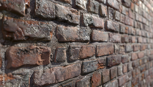 Close-up of an aged brick wall with rich textures and a weathered appearance, showcasing earthy tones and rustic charm. photo