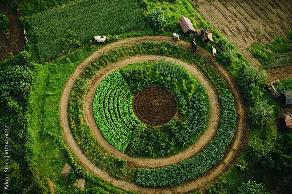 Circular agriculture model with crop rotation, livestock integration, and bio-waste recycling, promoting sustainability in farming.