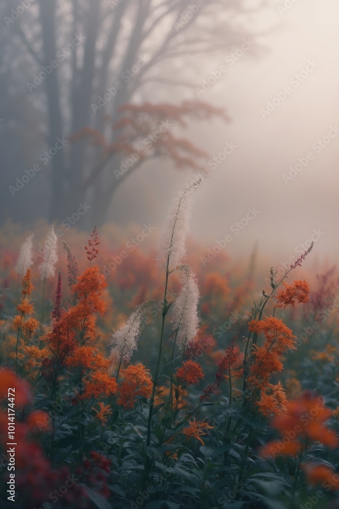 Obraz premium Misty autumn morning with tall grasses and vibrant wildflowers
