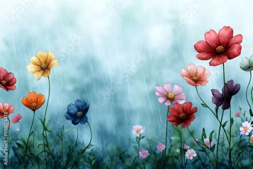 Wallpaper Mural Watercolor painting of a spring rainstorm, with soft colors blending the sky and rain as it falls on the blooming flowers Torontodigital.ca