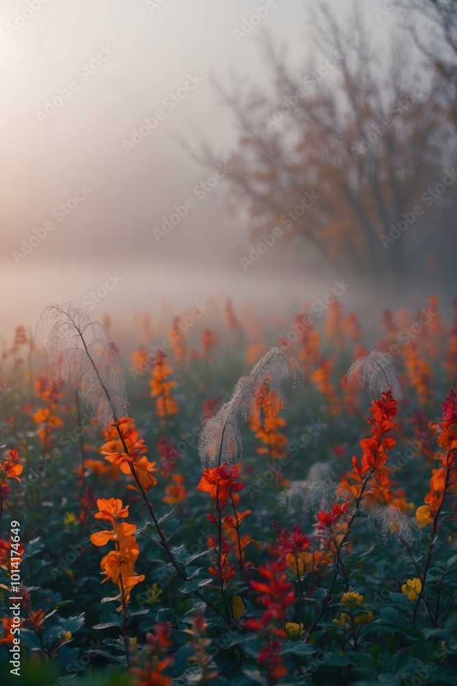 Autumn landscape with misty field and orange-hued foliage Autumn landscape with misty field and orange-hued foliage