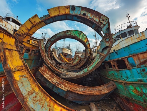 Circular economy in the maritime industry, visualized by the recycling of old ships to create raw materials for future maritime projects.