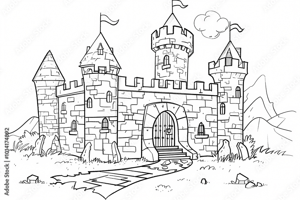 Obraz premium A whimsical black-and-white illustration of a medieval castle surrounded by mountains, perfect for coloring enthusiasts of all ages.