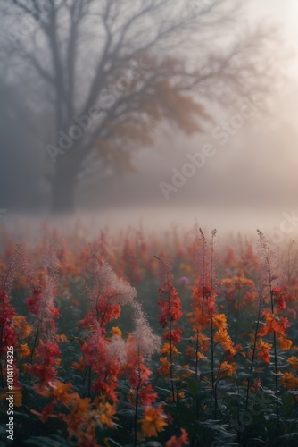 Serene foggy autumn field with blooming red flowers and bare tree