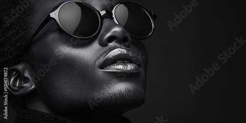 black and white portrait of woman wearing sunglasses and looking upwards