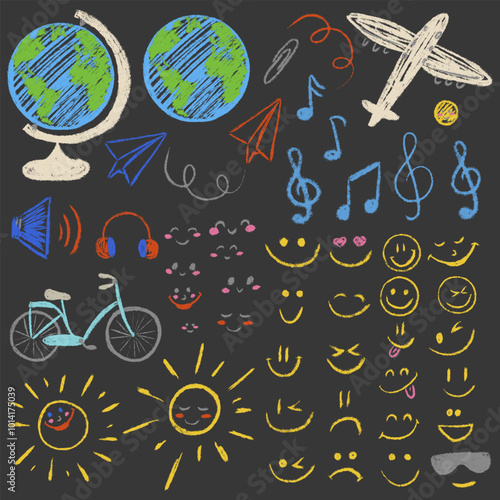 Chalk pencil textured big collection. Sketch kids hand drawn elements set. Earth, globe, airplane, bicycle, headphones, megaphone, sun, music notes, treble clef, happy smile emoji. Vector illustration