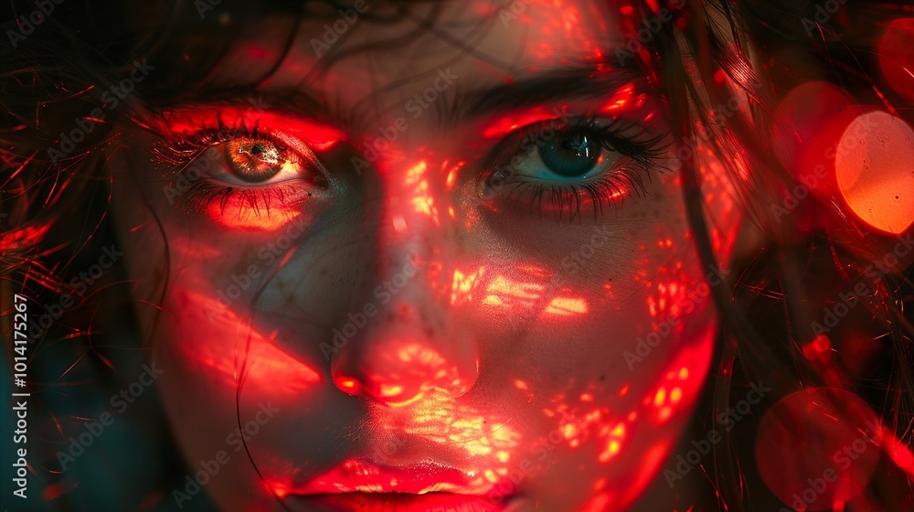 Intense Red Light Portrait: A Woman's Captivating Gaze Intense Red Light Portrait: A Woman's Captivating Gaze
