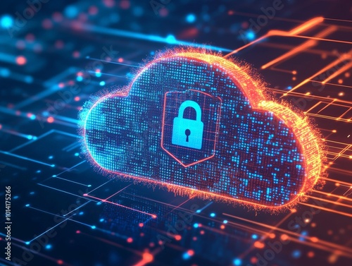 Cloud security illustrated with a large lock and shield icon, protecting sensitive data being stored in the cloud. photo